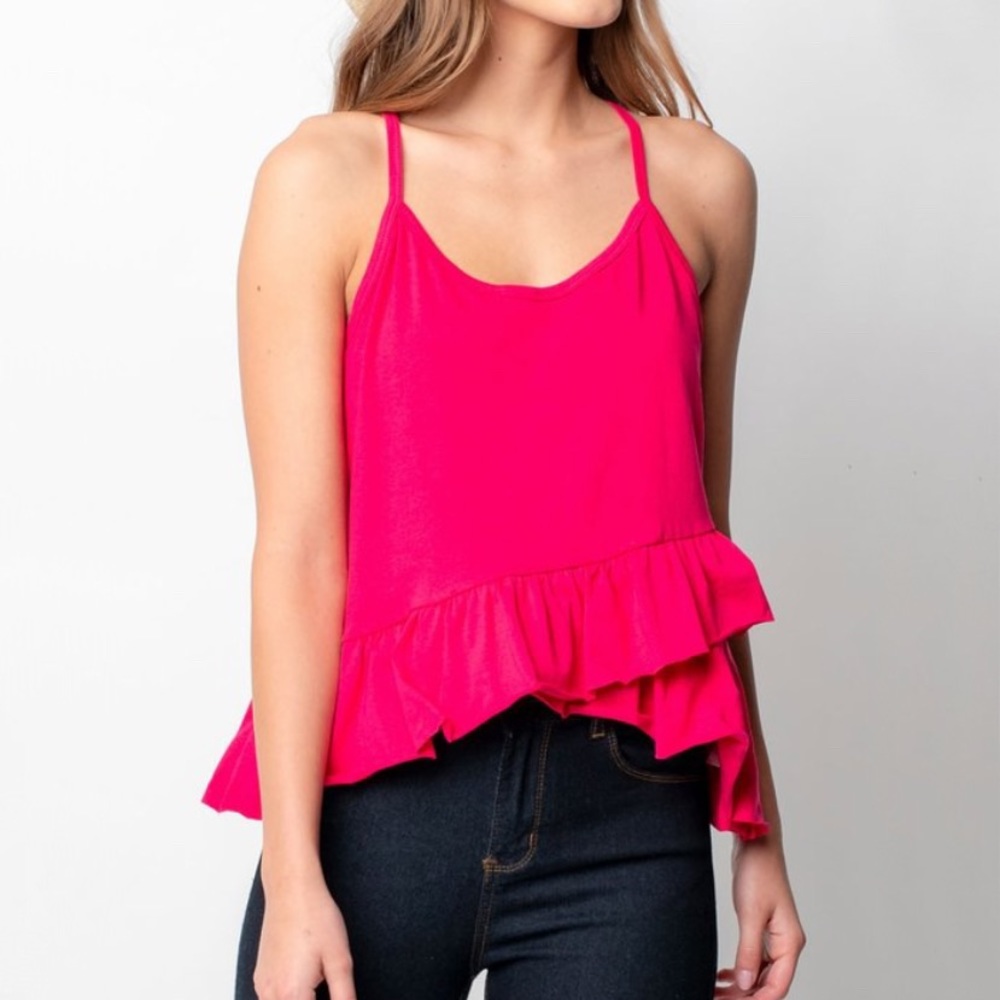 Hot Pink Ruffle Hem V-Neck Tank Top - Picture 2 of 4